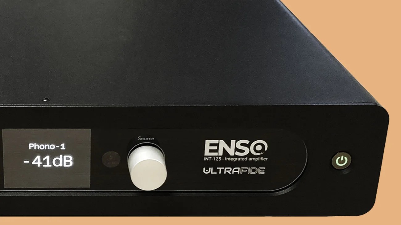 Black Enso INT-125 integrated amplifier with digital display showing "Phono-1 -41dB" and a silver source knob.
