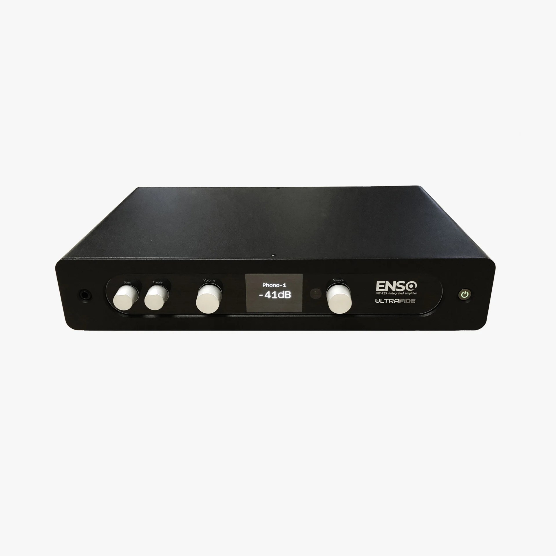 Black Enso Ultrafide INT-125 integrated amplifier with silver knobs and digital display showing 