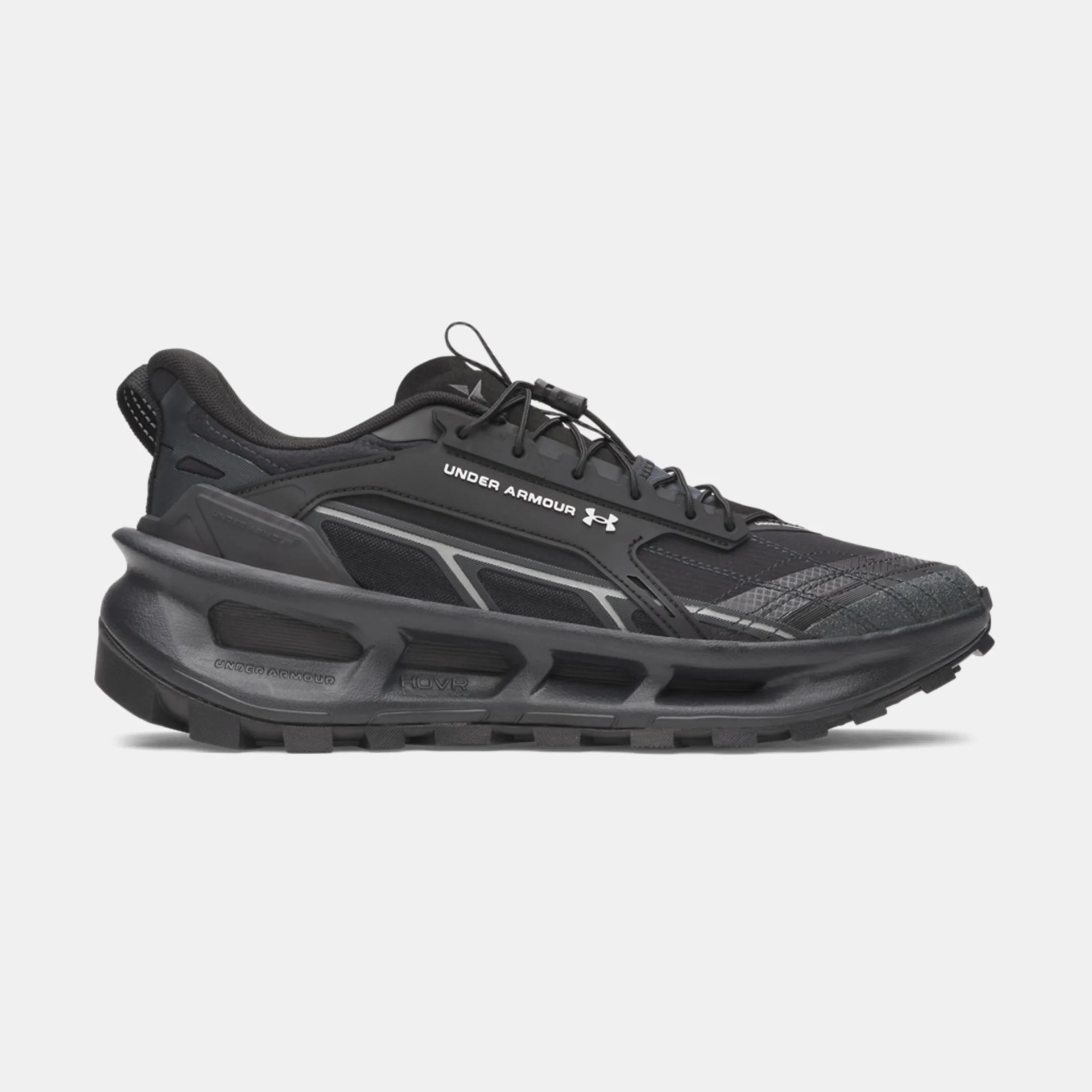 Black Under Armour running shoe with mesh upper and thick cushioned sole.