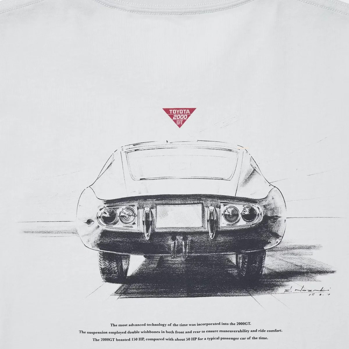 Sketch of the rear view of a Toyota 2000GT car with a red triangular logo above and descriptive text below on a white background.