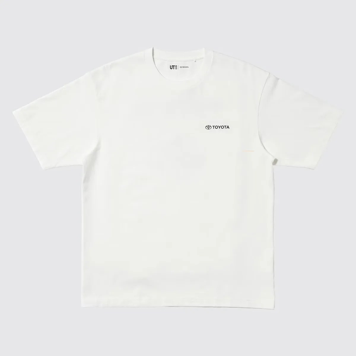 White short-sleeve T-shirt with small black Toyota logo on the left chest.