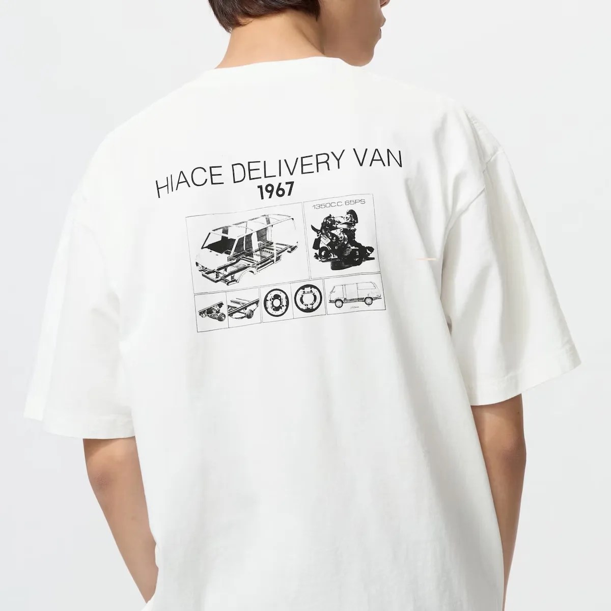White T-shirt with black technical drawings and text "HIACE DELIVERY VAN 1967" on the back.
