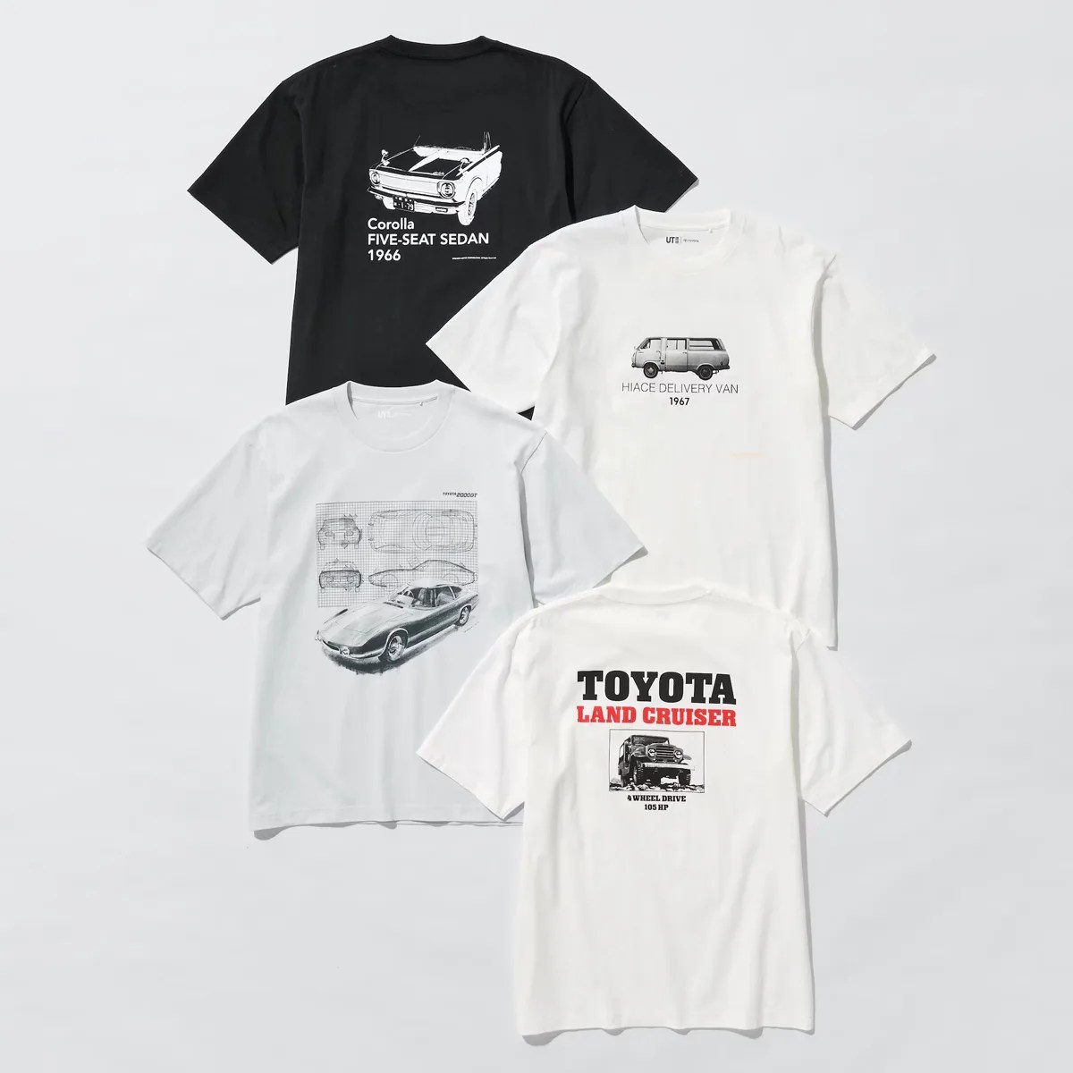 Four graphic T-shirts with vintage Toyota car illustrations and text, including Corolla, Hiace Delivery Van, and Land Cruiser.