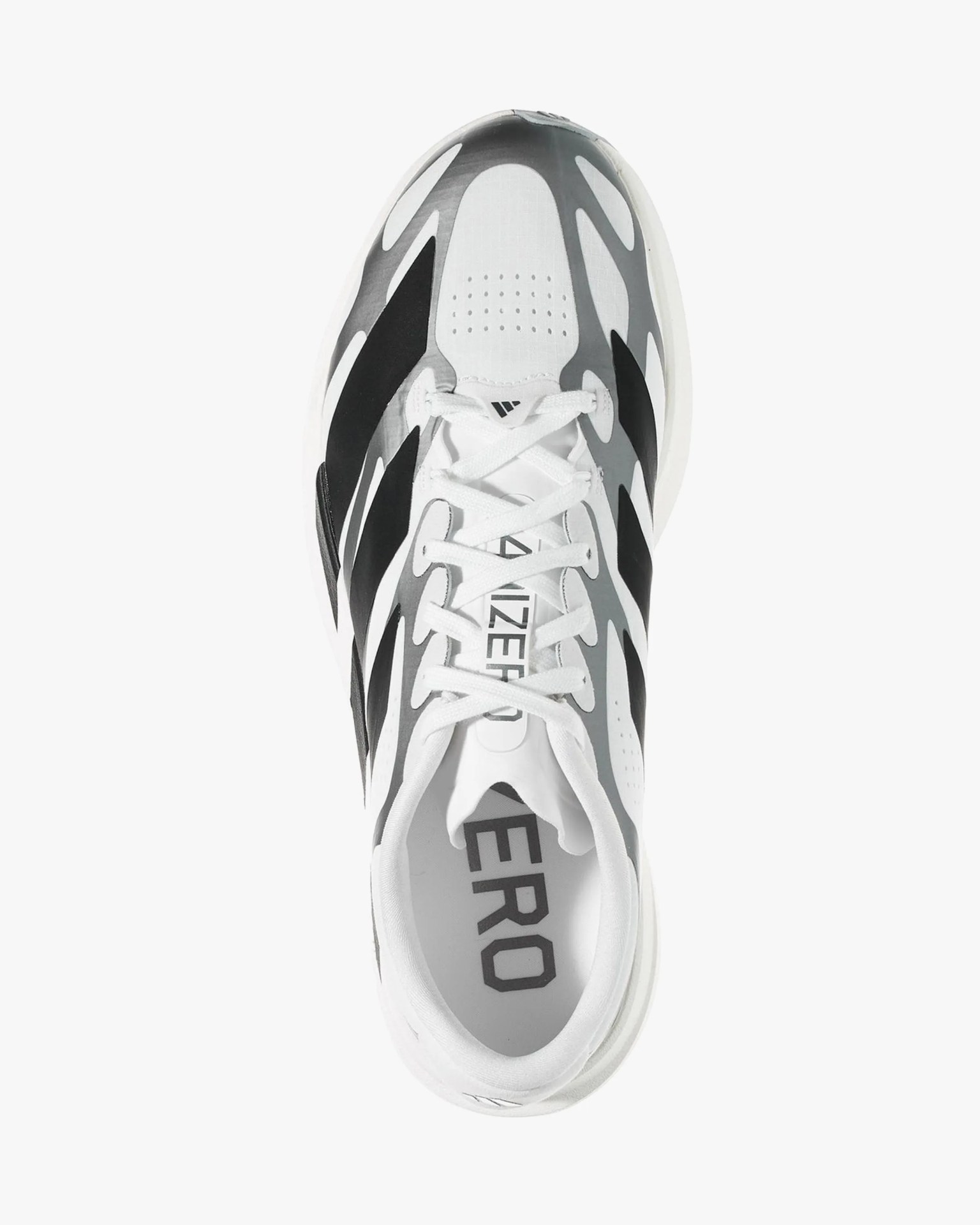White and black Adidas sneaker with "Adizero" text on the tongue and insole, viewed from above.