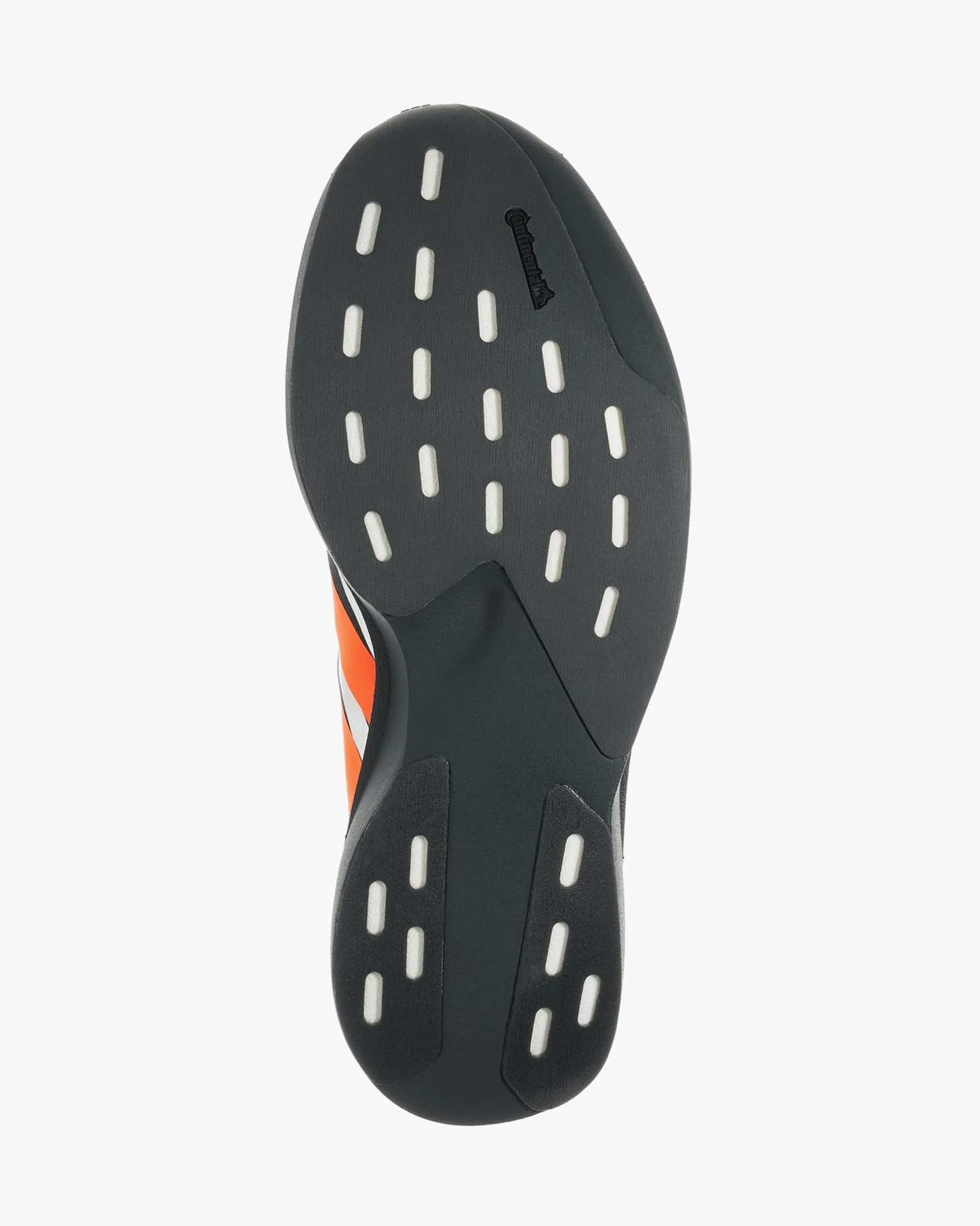Black and white shoe sole with orange side and white grip inserts, showing Continental logo.