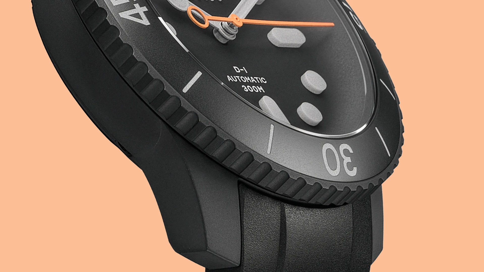 Close-up of a black dive watch with a rotating bezel, orange second hand, and "D-1 AUTOMATIC 300M" text on the dial.