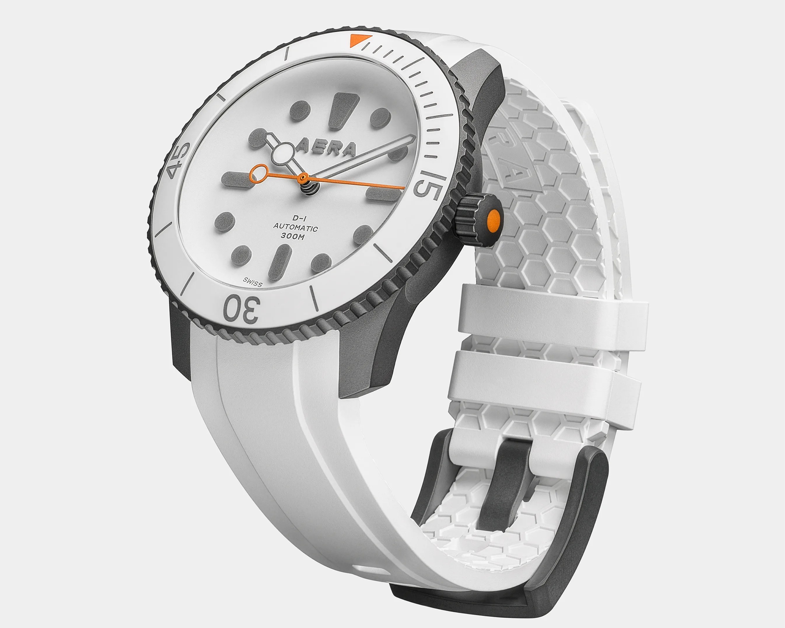 White AERA D-1 automatic dive watch with orange second hand and textured white silicone strap.