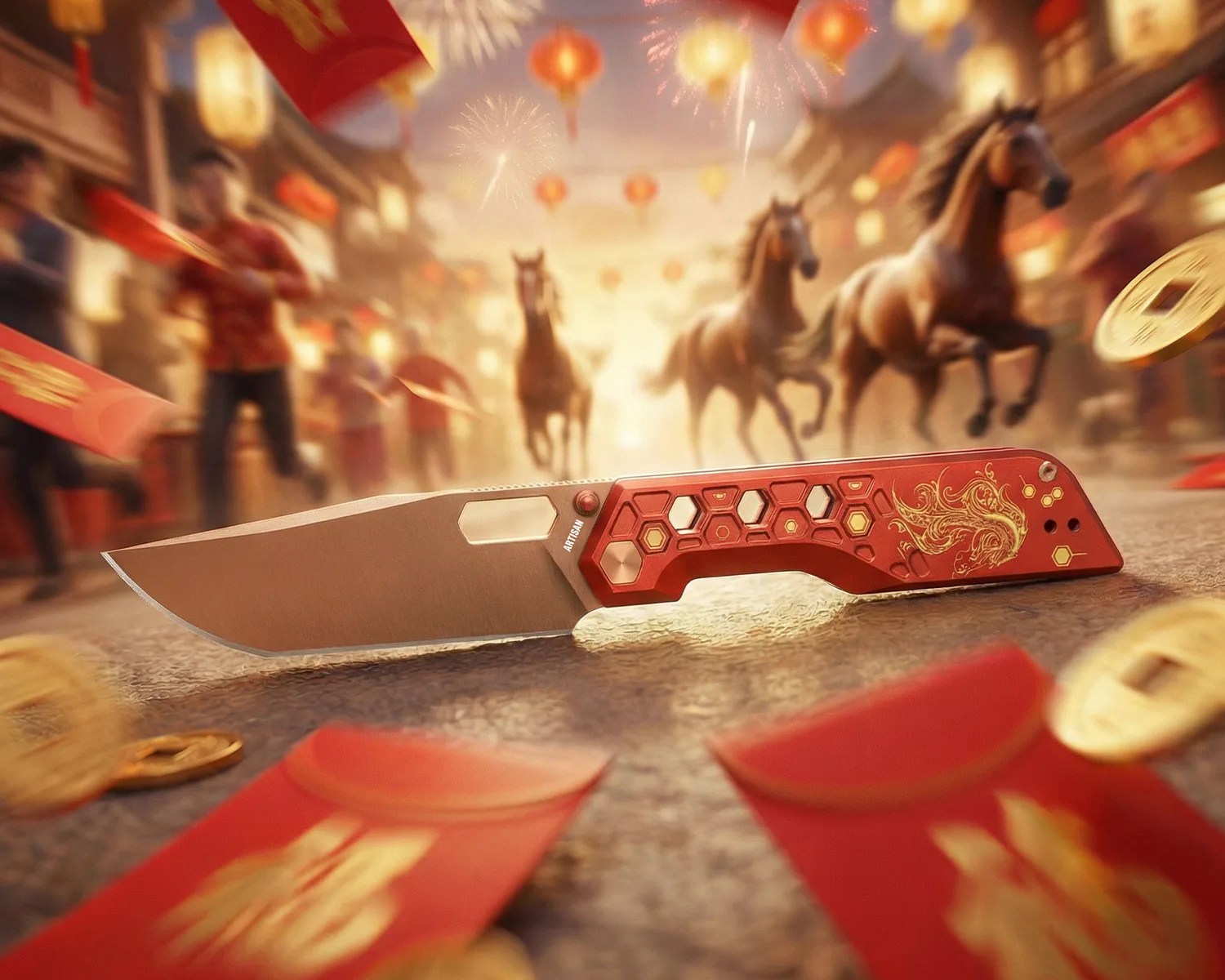Red folding knife with hexagonal cutouts and a gold dragon design on the handle, placed on a street with blurred horses and people in the background.