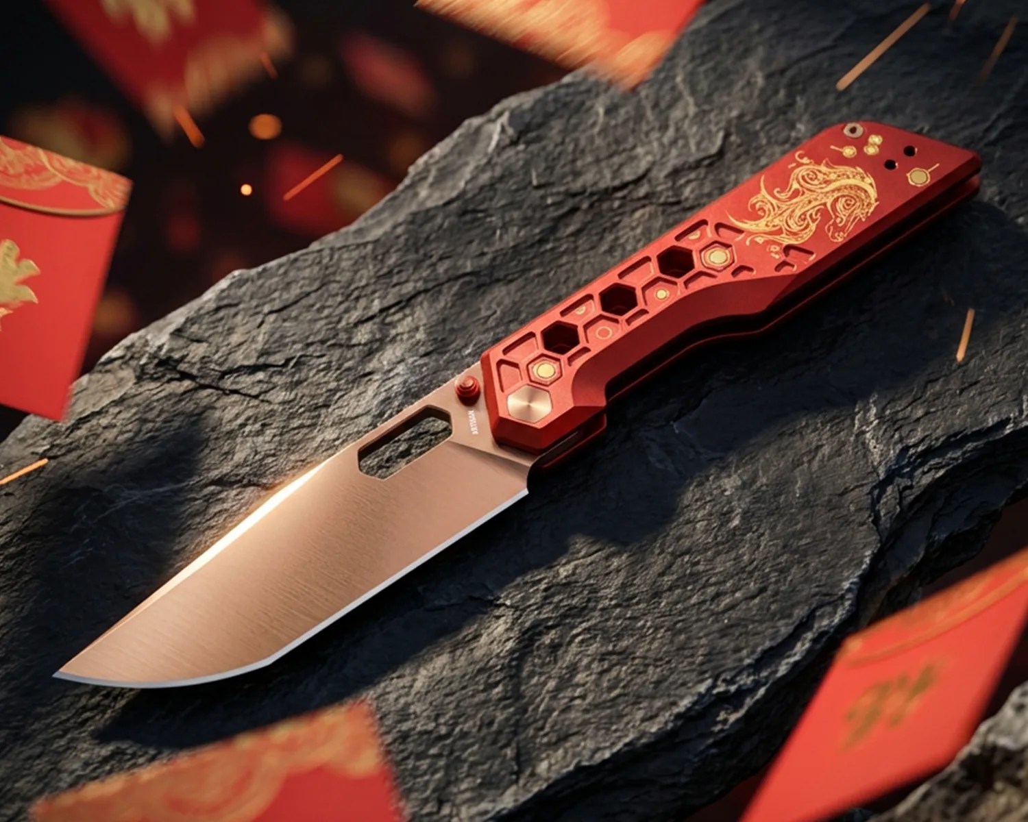 Red folding knife with gold dragon design and honeycomb cutouts on handle, resting on dark textured stone.