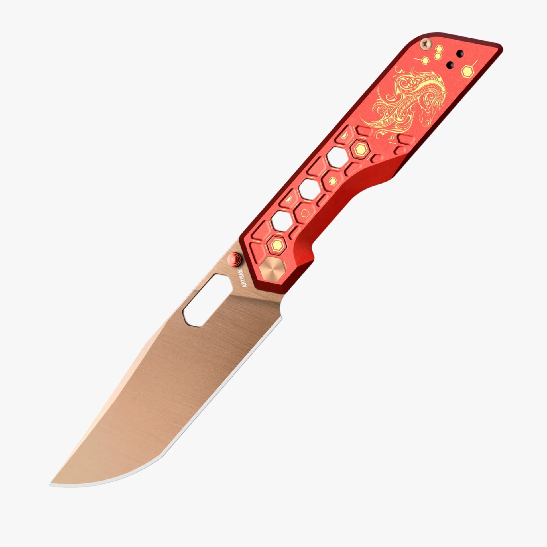 Folding knife with a rose gold blade and red handle featuring hexagonal cutouts and a gold horse design.