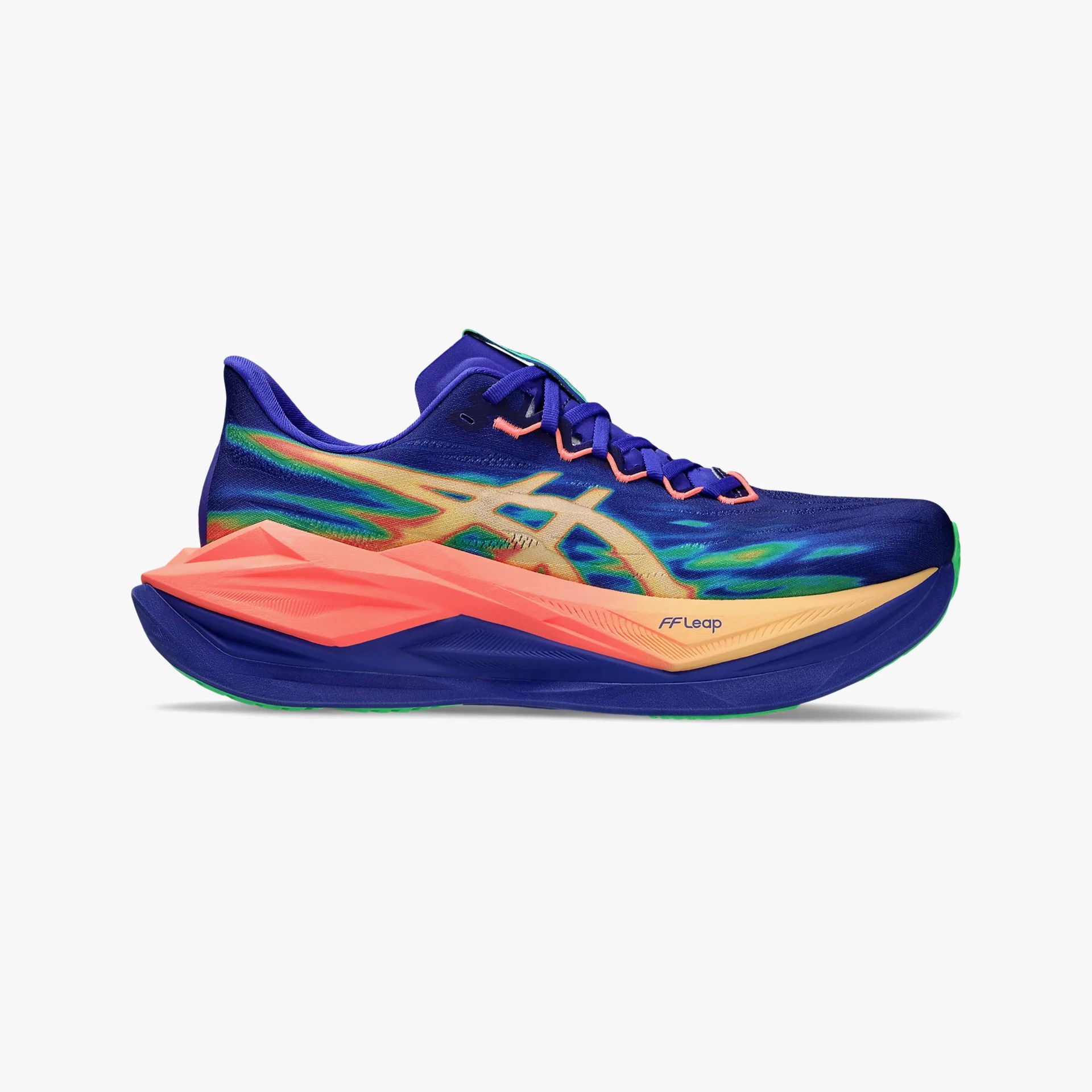 Blue and green gradient running shoe with peach and coral midsole and "FF Leap" text on the side.