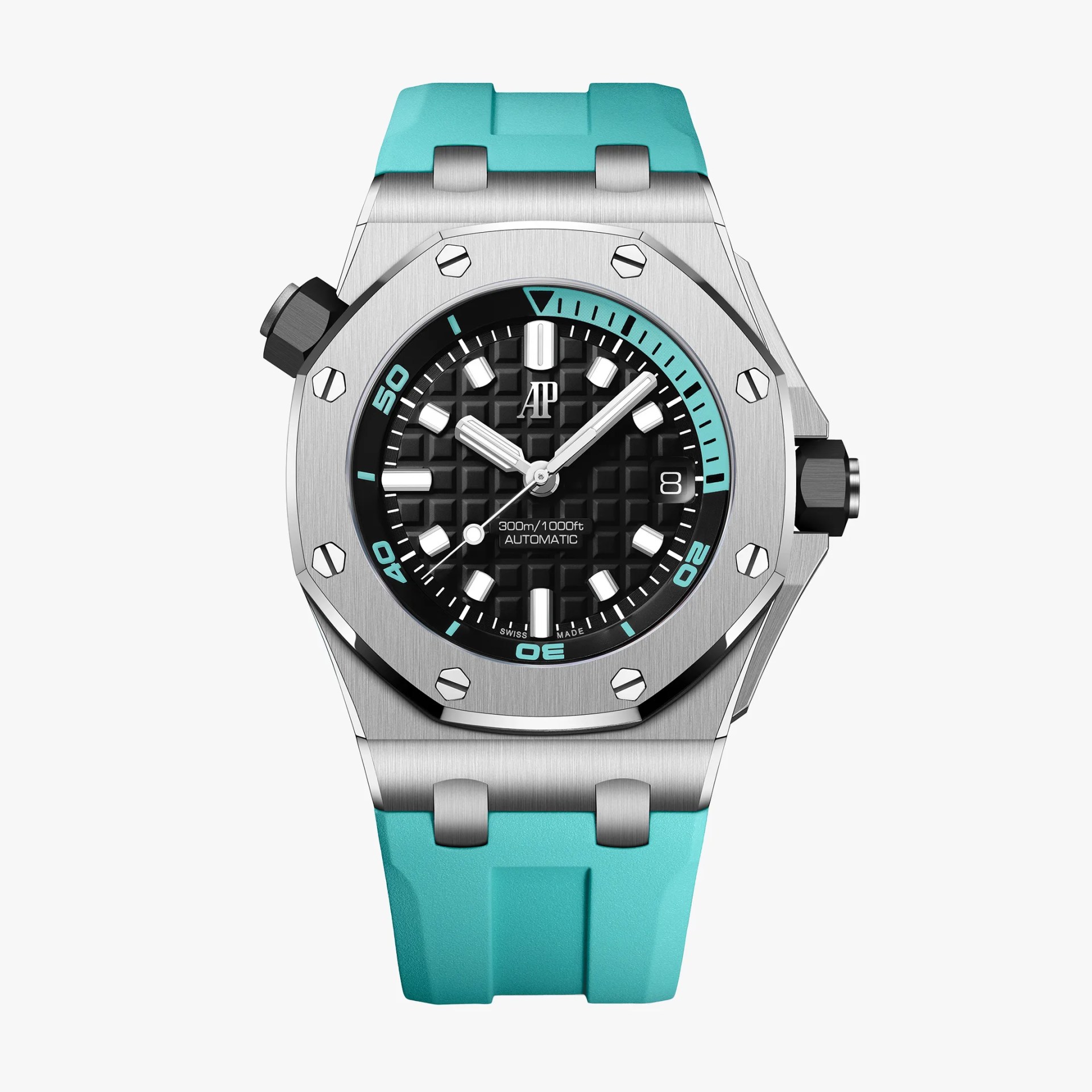 Silver stainless steel watch with black textured dial, turquoise accents, and turquoise rubber strap.