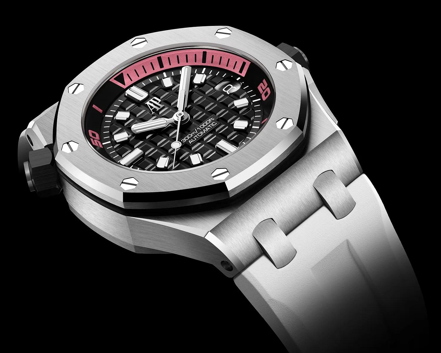 Silver stainless steel watch with black textured dial, pink and black bezel, and white rubber strap.