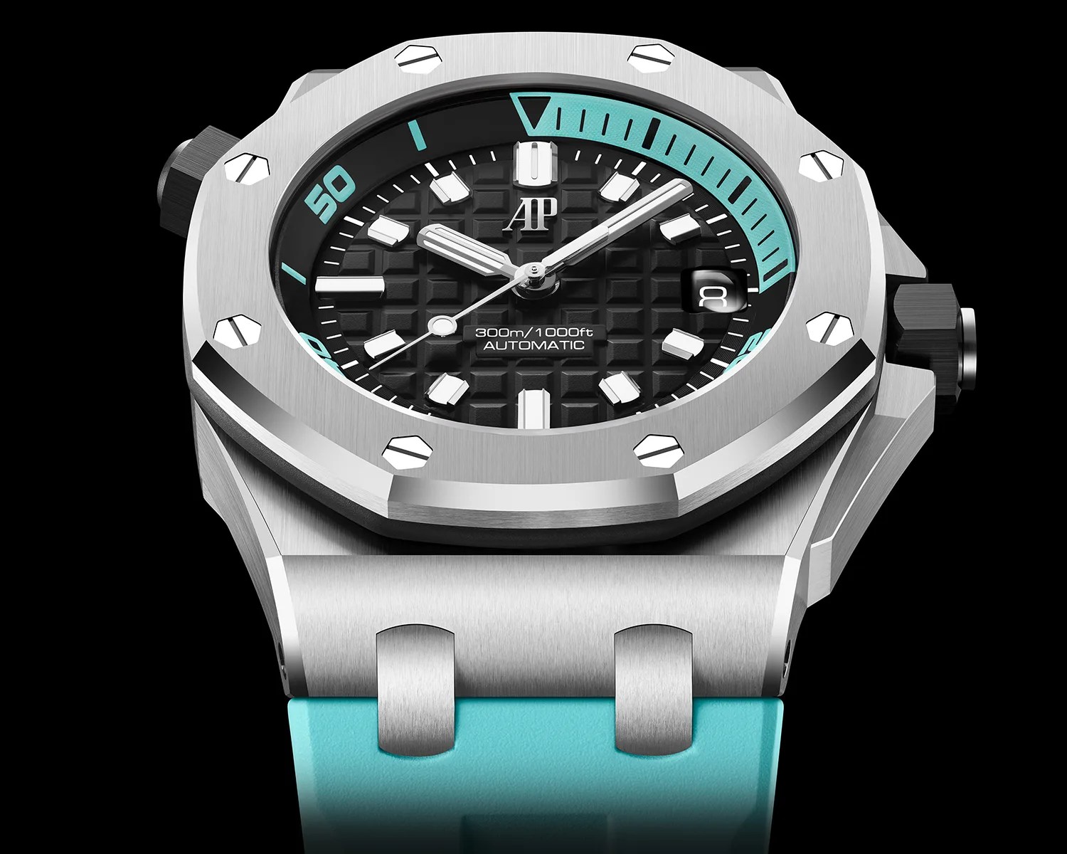 Silver stainless steel Audemars Piguet watch with black textured dial, turquoise accents, and turquoise rubber strap.