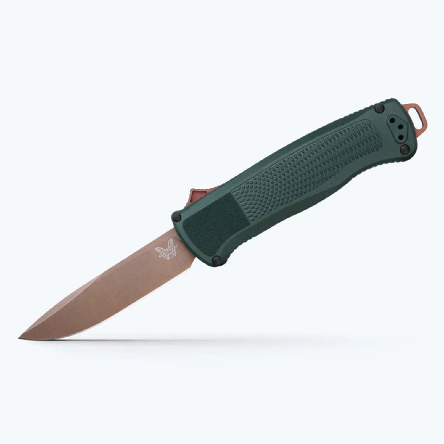 Folding knife with a brown blade and textured dark green handle with a lanyard hole.