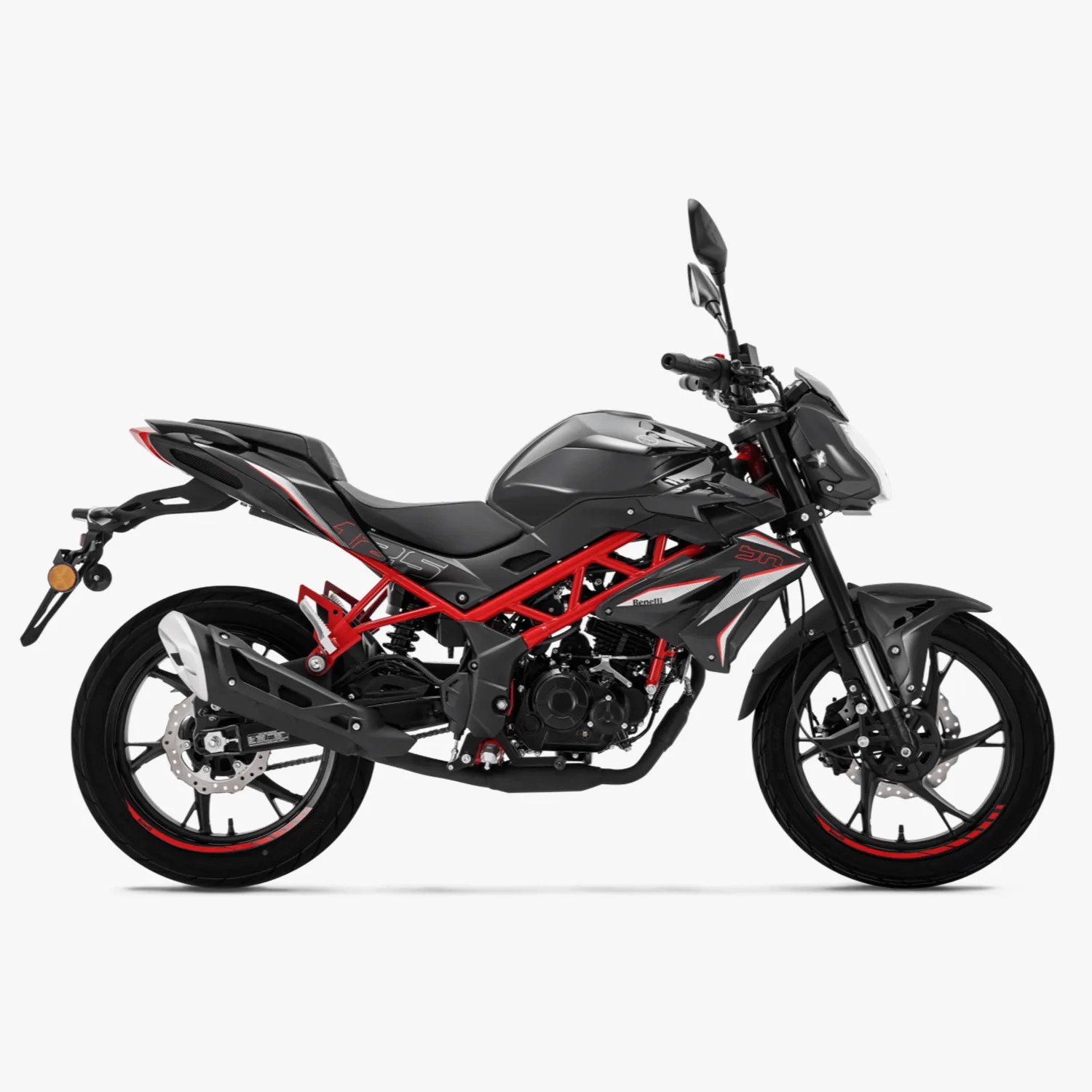 Black and red sport motorcycle with exposed red frame and black alloy wheels on a white background.
