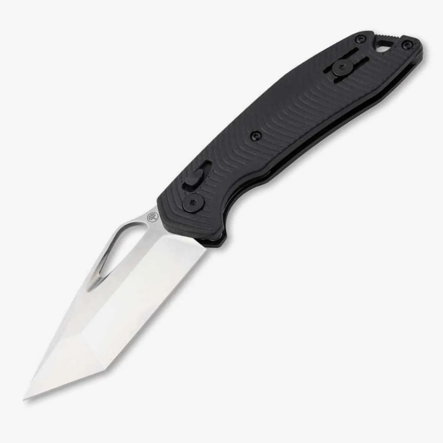Folding knife with a silver tanto-style blade and a textured black handle.