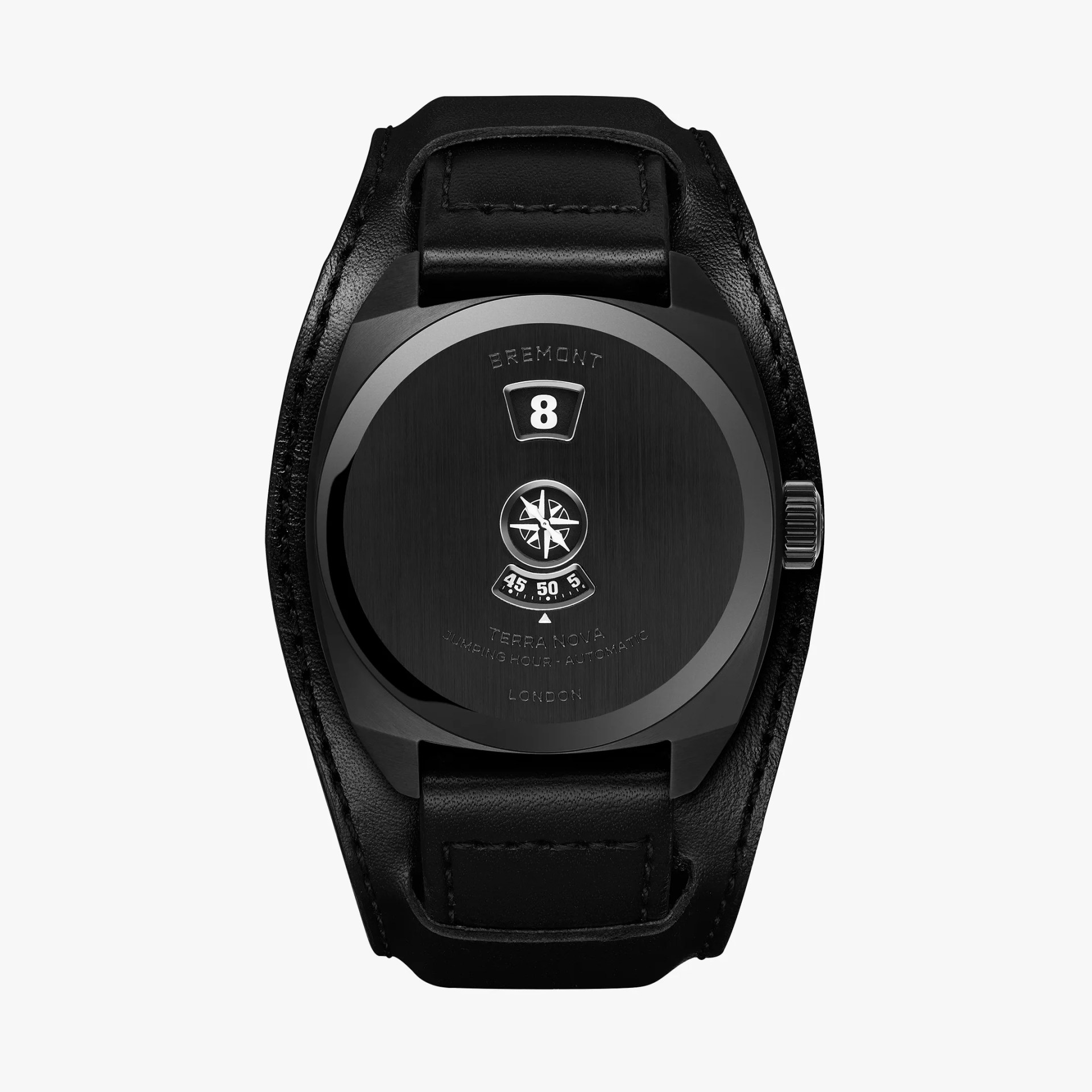 Black Bremont Terra Nova watch with digital hour and minute display and black leather strap.