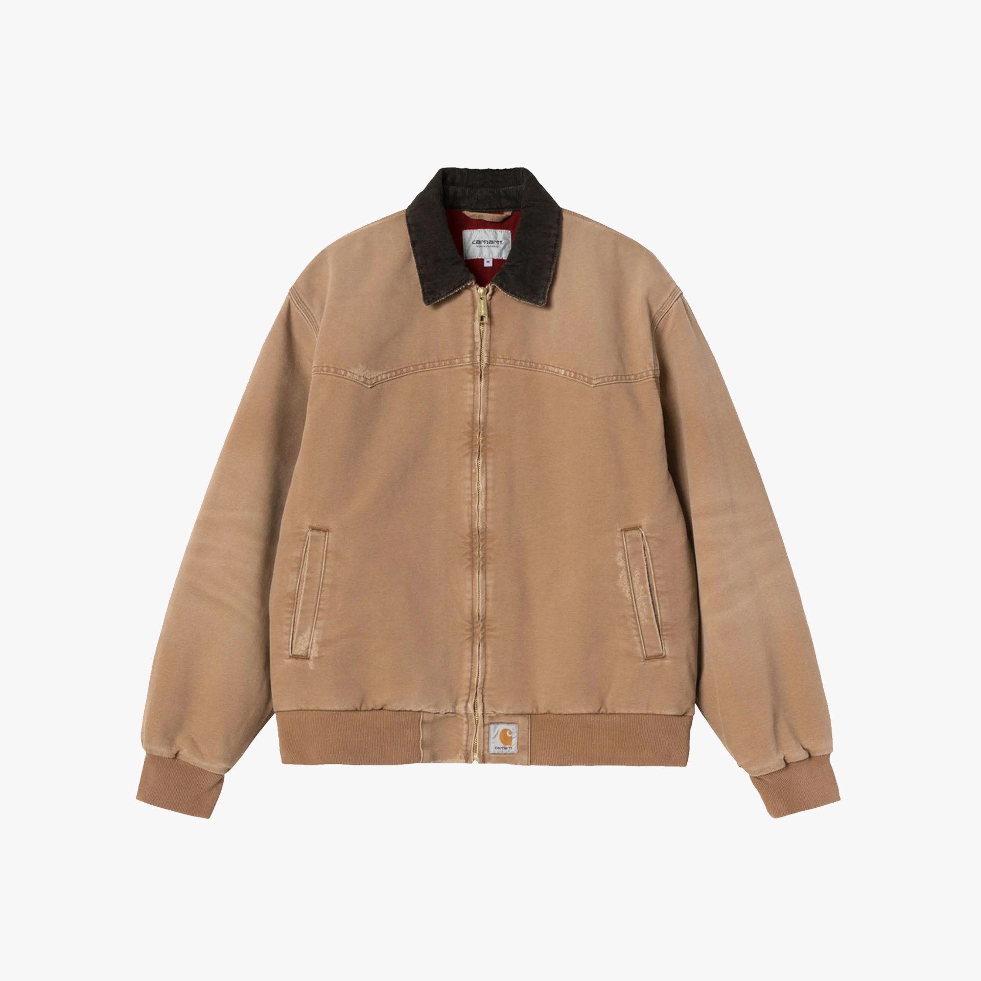 Tan Carhartt jacket with dark brown collar and front zipper closure.