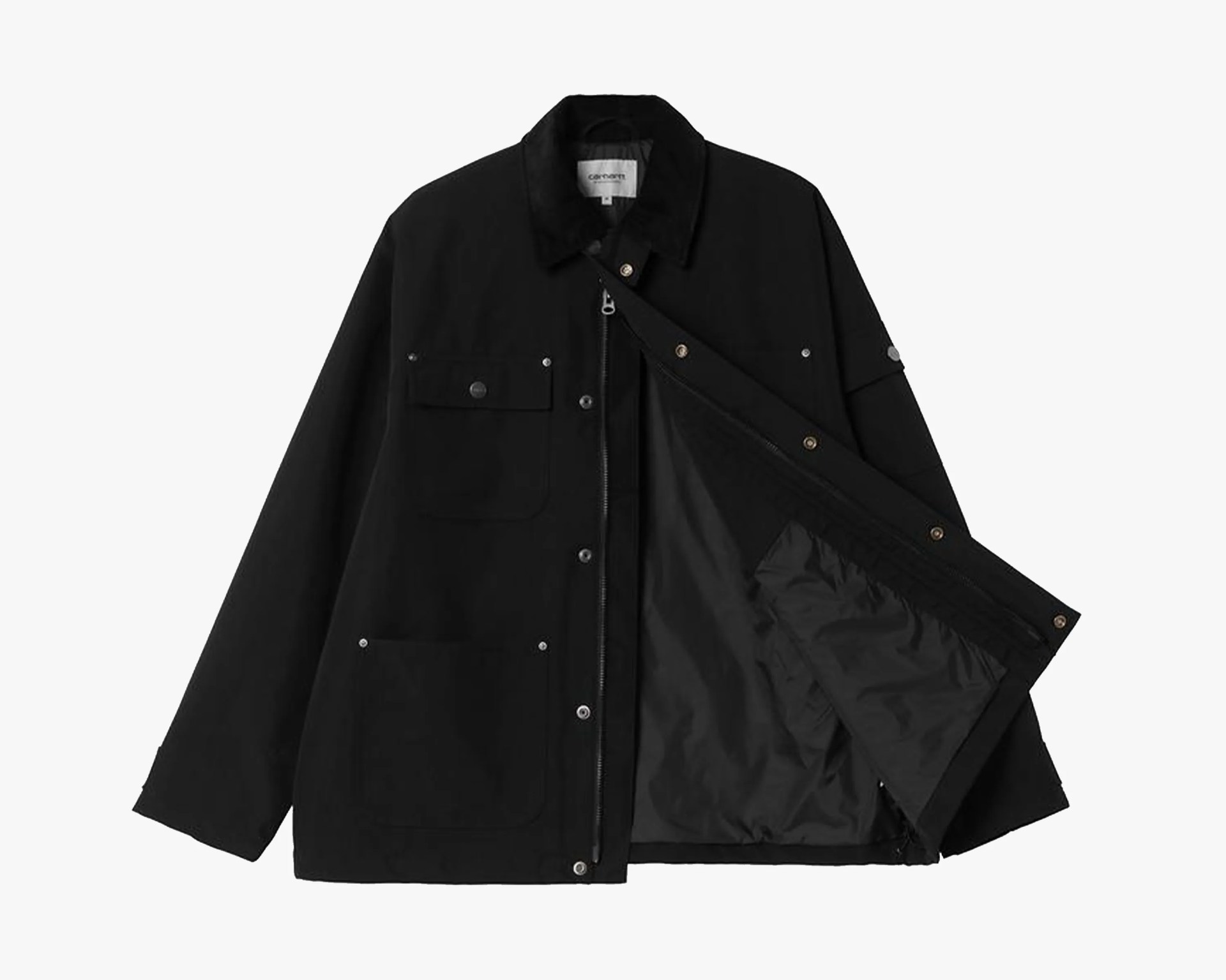 Black Carhartt jacket with snap buttons and zipper partially open showing smooth inner lining.