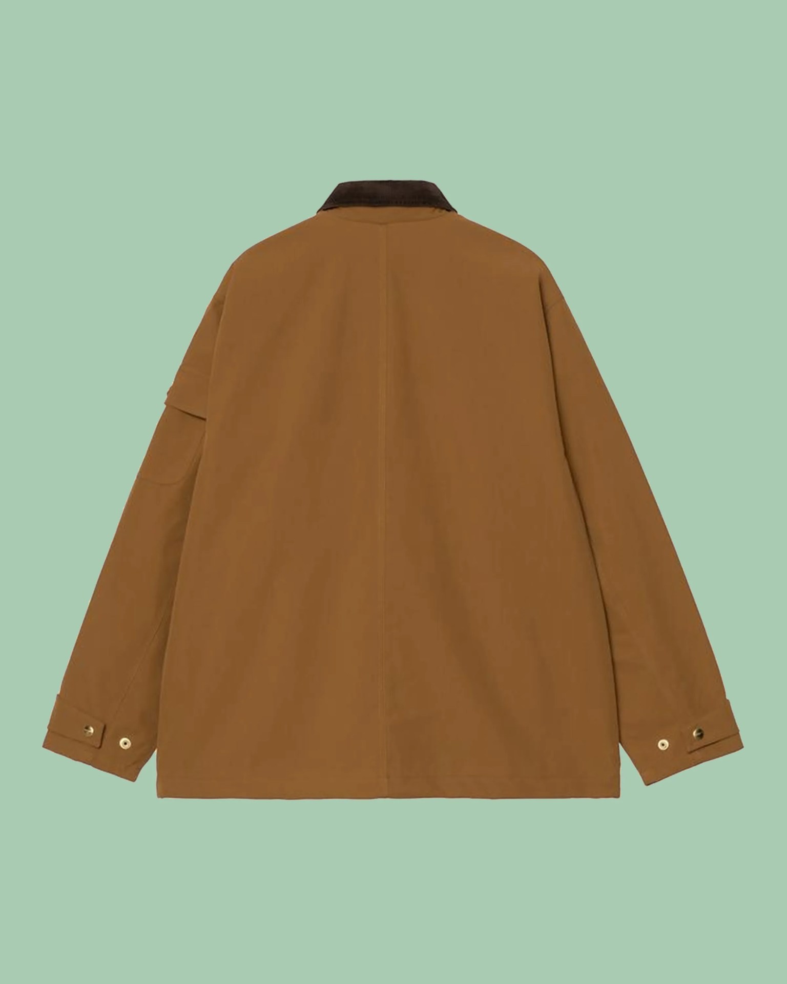 Brown long-sleeve jacket with a dark collar and buttoned cuffs shown from the back.