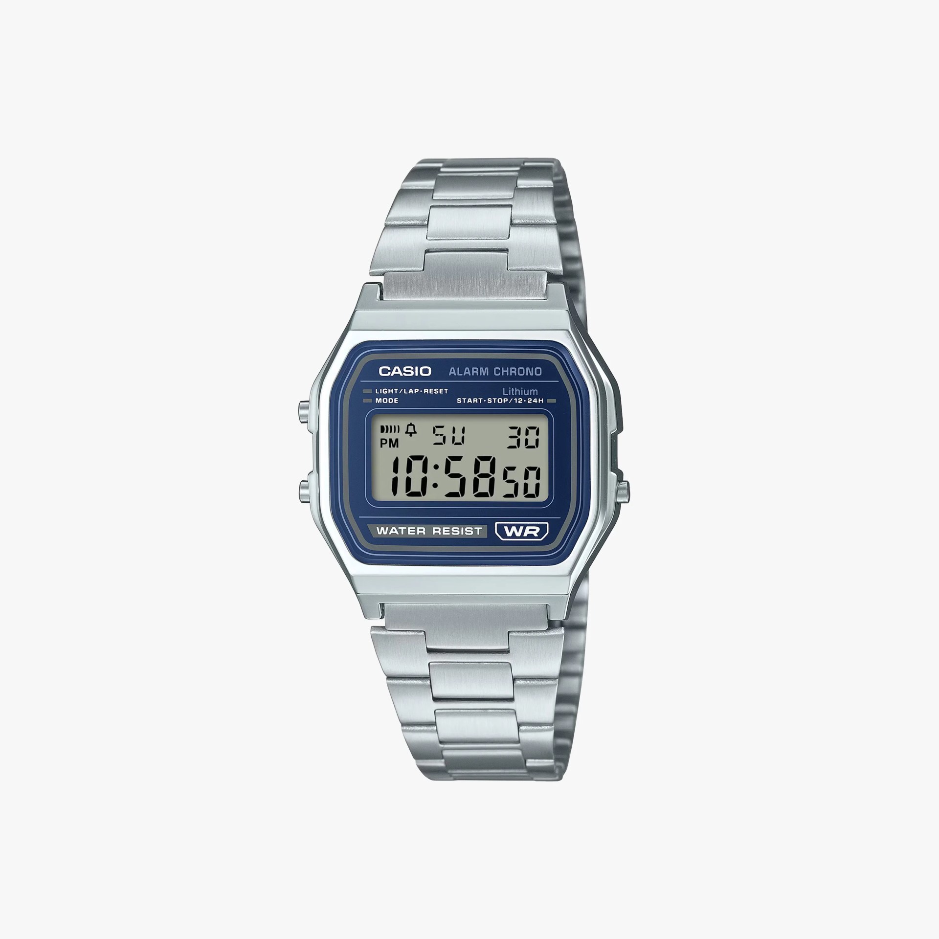 Silver Casio digital watch with a blue-bordered rectangular face and metal link band.