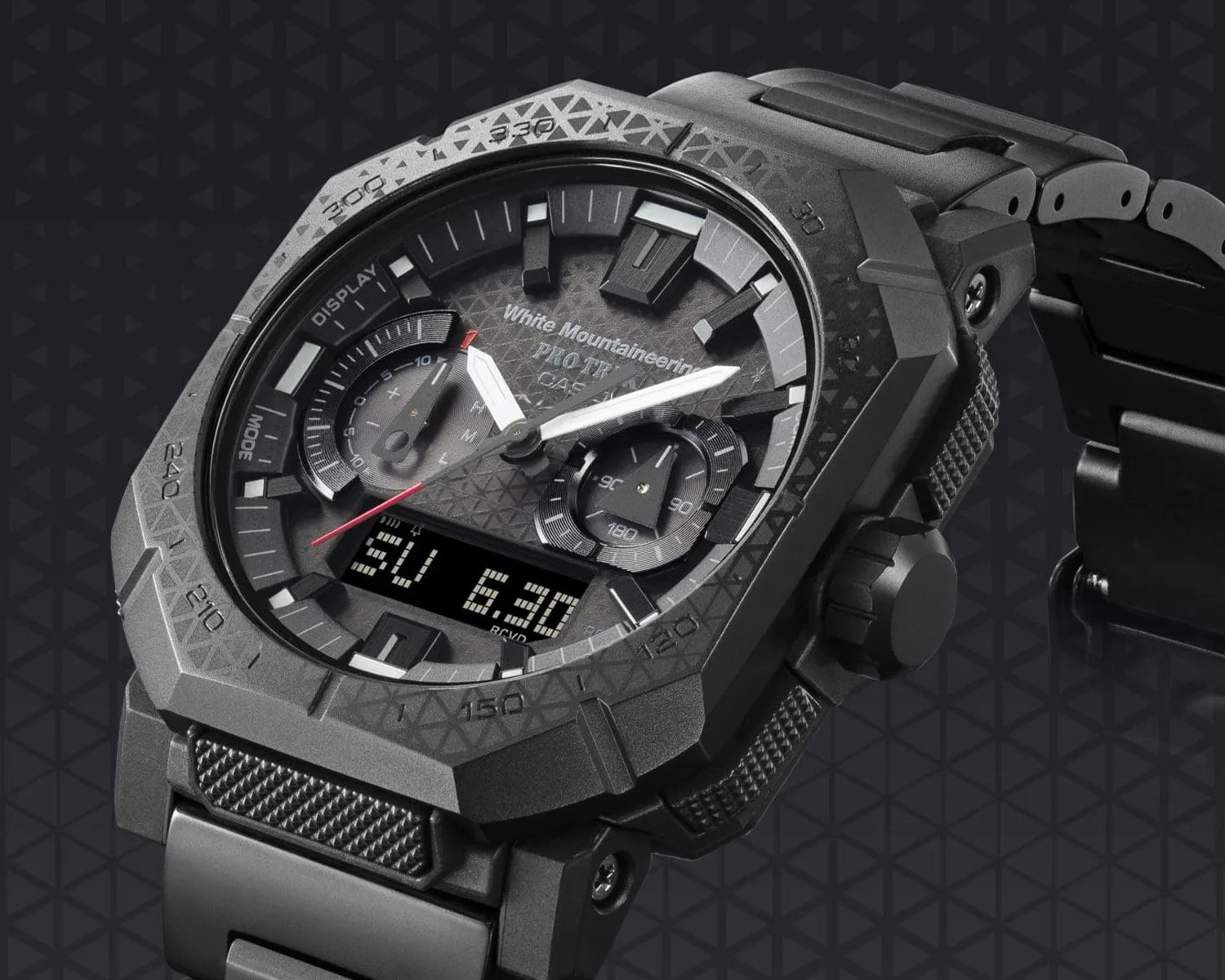 Black rugged Casio Pro Trek wristwatch with digital and analog display and textured metal band.