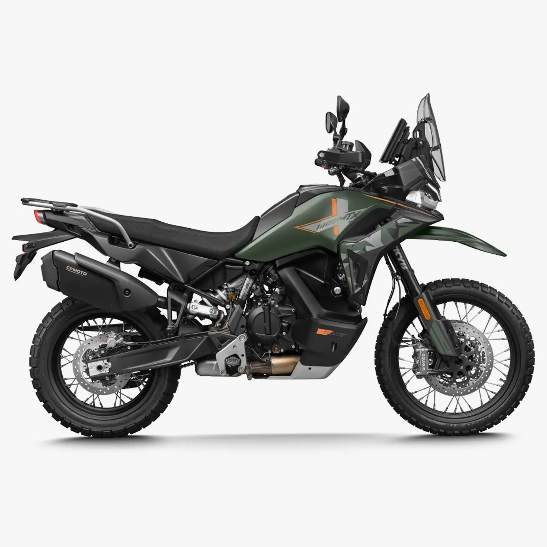 Green and black dual-sport motorcycle with knobby tires and a tall windshield on a white background.