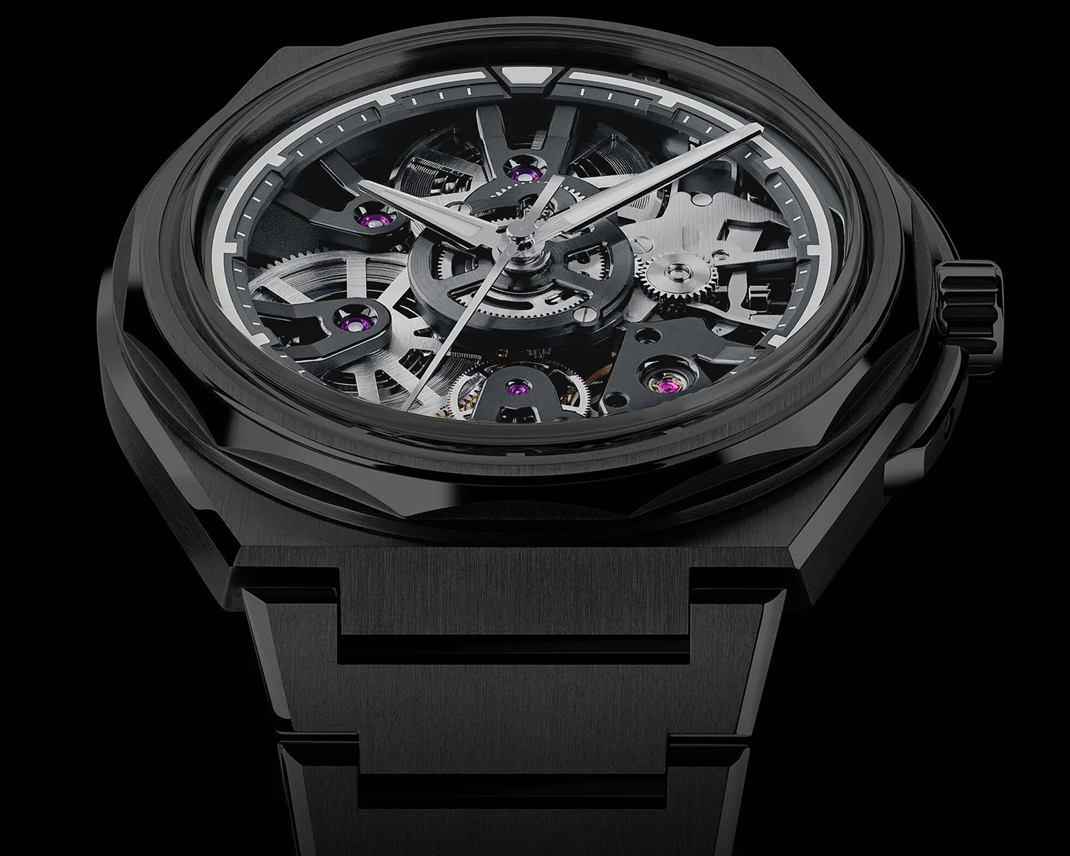 Black skeleton mechanical wristwatch with visible gears and purple jewel bearings, black metal bracelet.