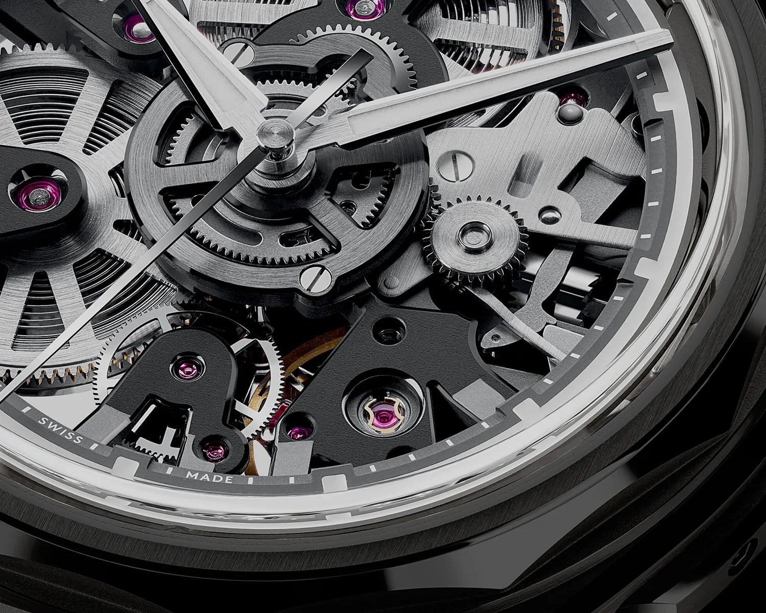 Close-up of a mechanical watch movement showing silver gears, screws, and purple jewel bearings under a clear crystal.