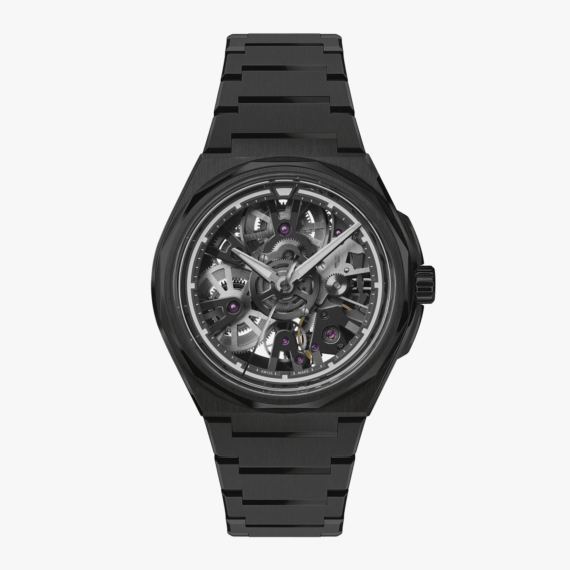 Black metal wristwatch with skeleton dial showing internal gears and a matching black metal link bracelet.