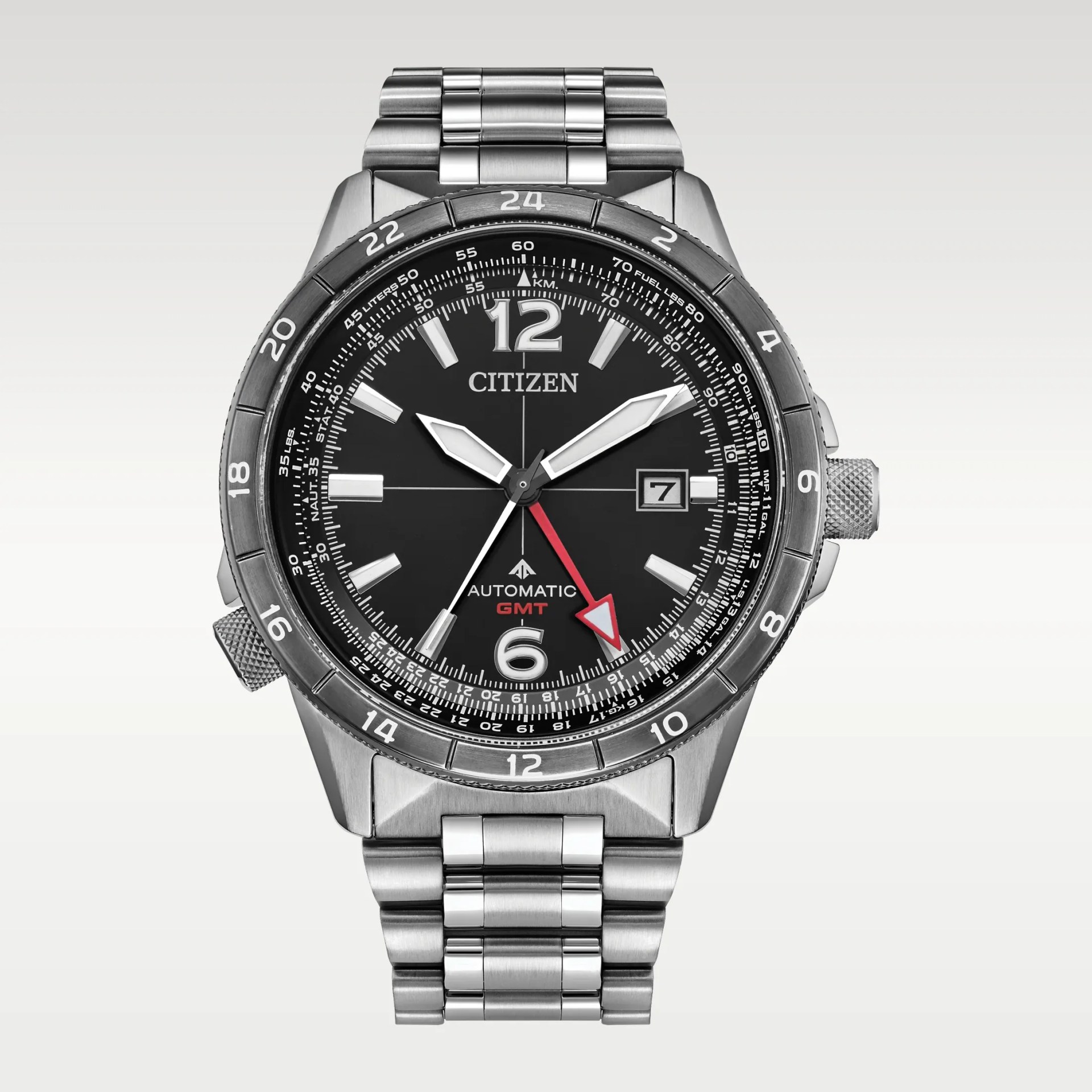 Stainless steel Citizen automatic GMT watch with black dial, white markers, red GMT hand, and date window at 3 o'clock.