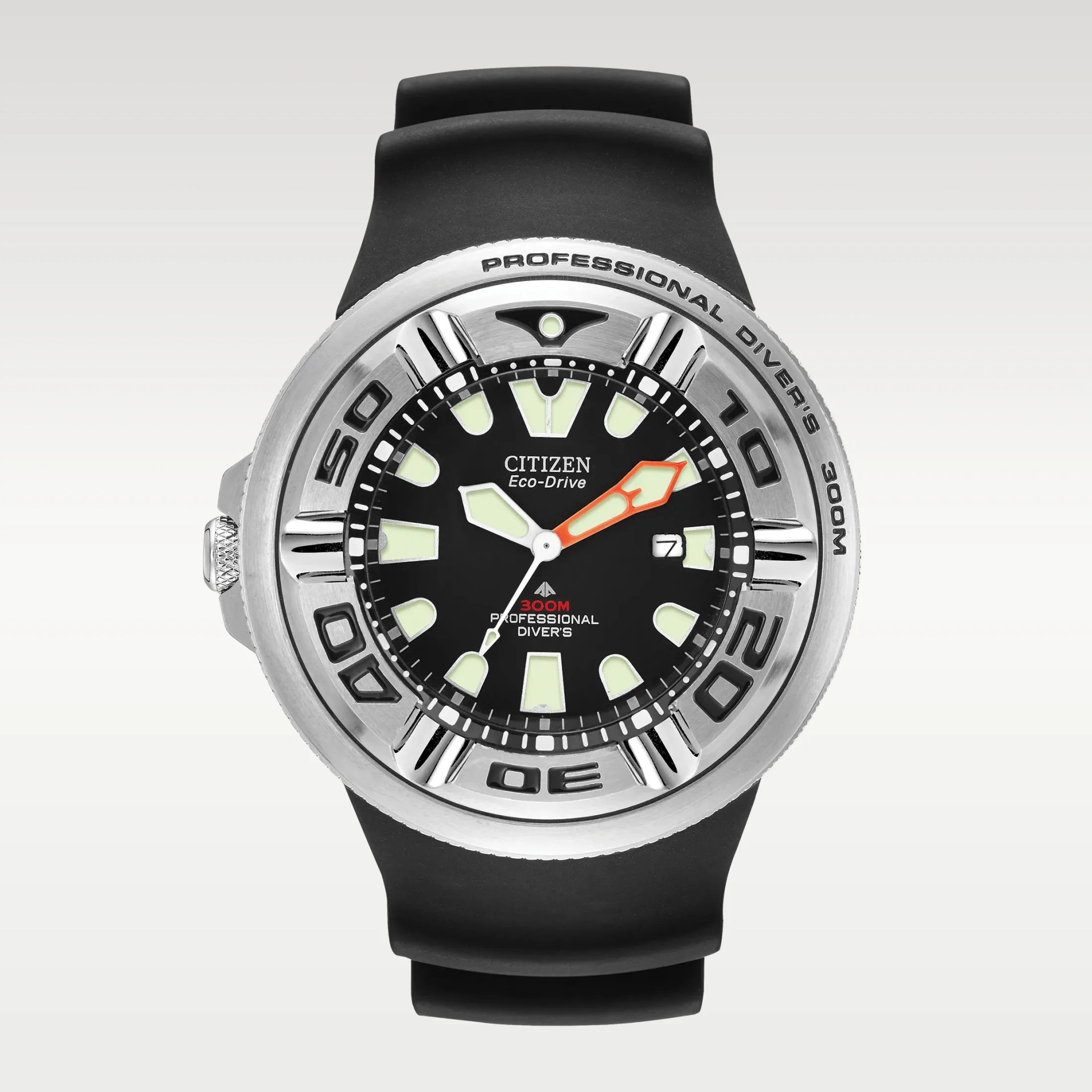 Black dial Citizen Eco-Drive professional diver's watch with silver bezel and black rubber strap.