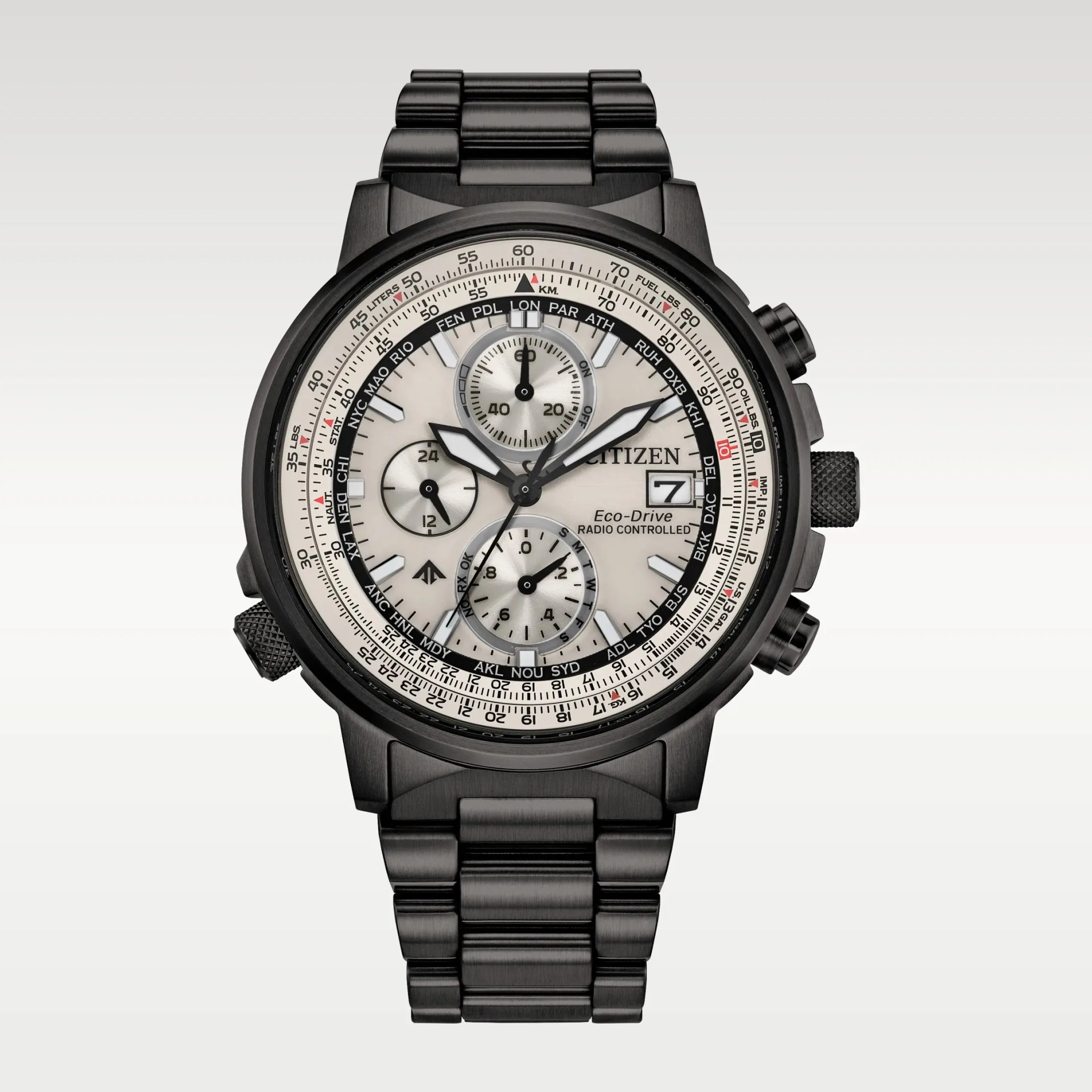 Black stainless steel Citizen Eco-Drive radio-controlled watch with white dial and multiple subdials.