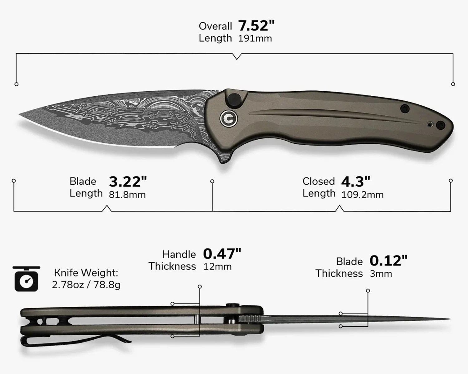 Folding knife with patterned 3.22" blade, gray handle, 7.52" overall length, and 0.47" handle thickness.