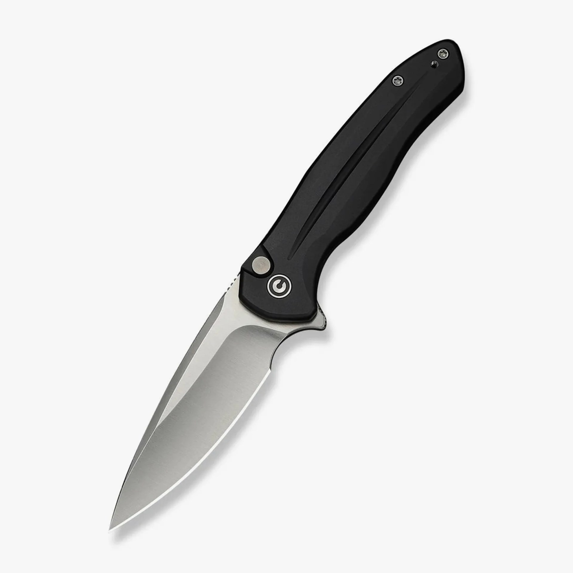 Folding knife with a silver blade and black ergonomic handle on a white background.