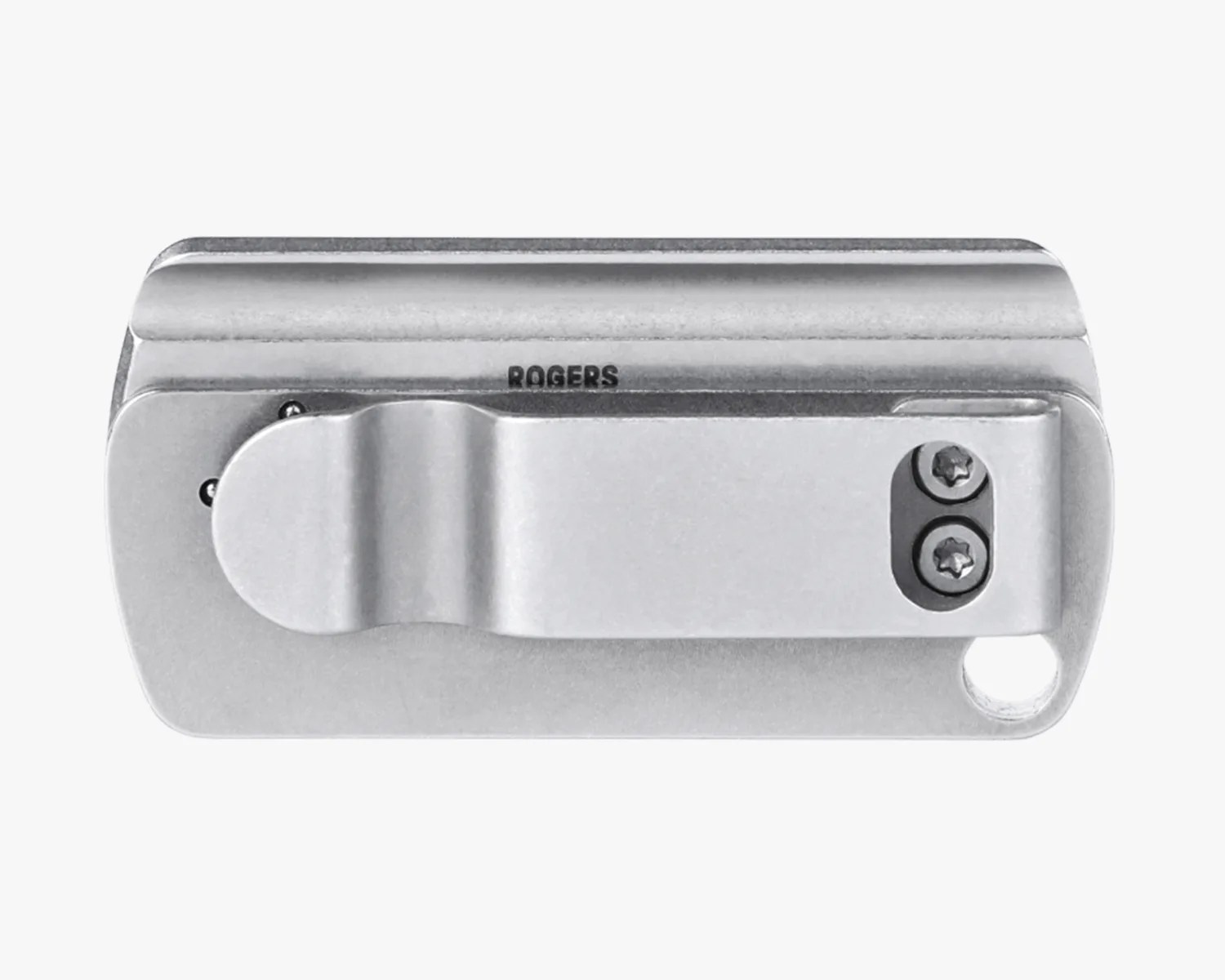 Silver metal money clip with a belt clip and "ROGERS" engraved on the back.
