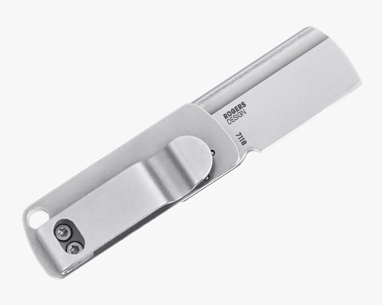 Silver metal folding knife with a clip and "ROGERS DESIGN 7118" printed on the blade.