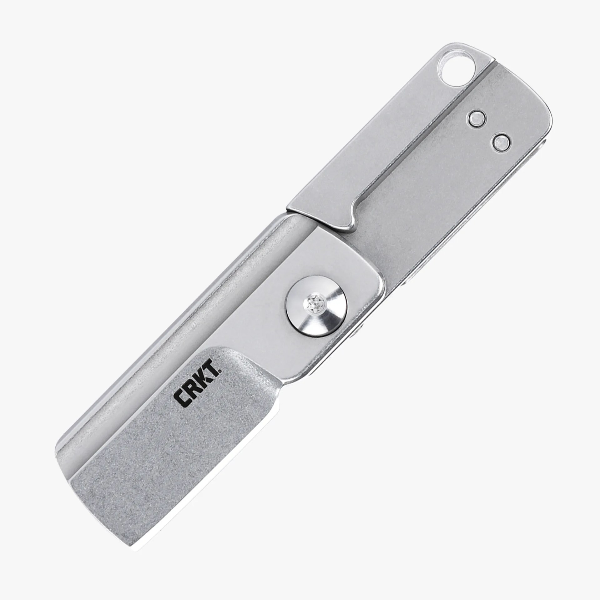 Silver CRKT folding knife with a rectangular blade and metal clip on the handle.