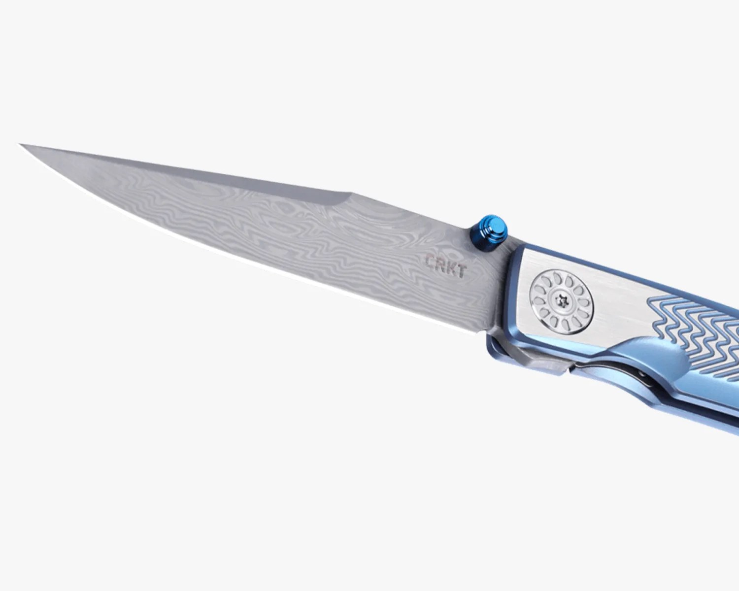 Folding knife with patterned steel blade and blue textured handle with silver accents.