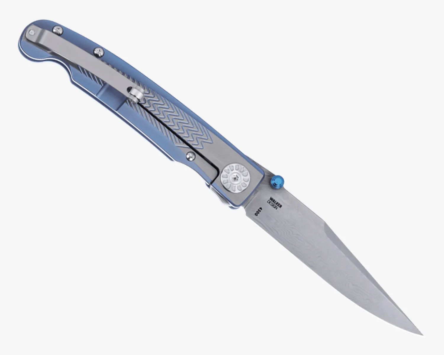 Blue and silver folding knife with a patterned blade and a clip on the handle.