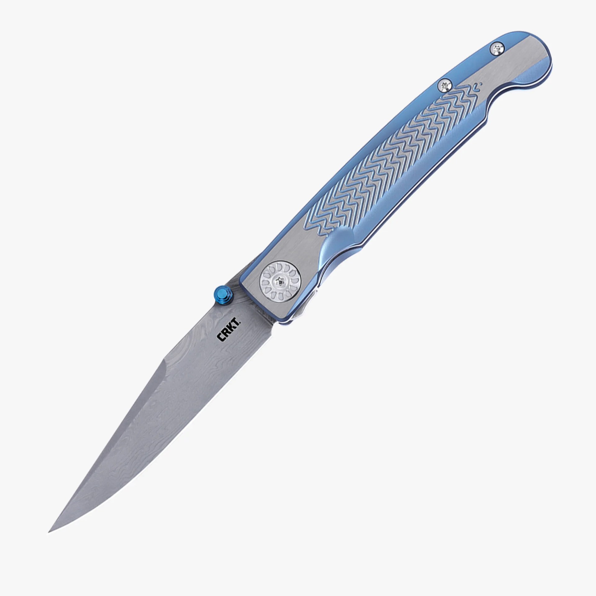 Folding knife with a patterned silver blade and blue and silver textured handle.