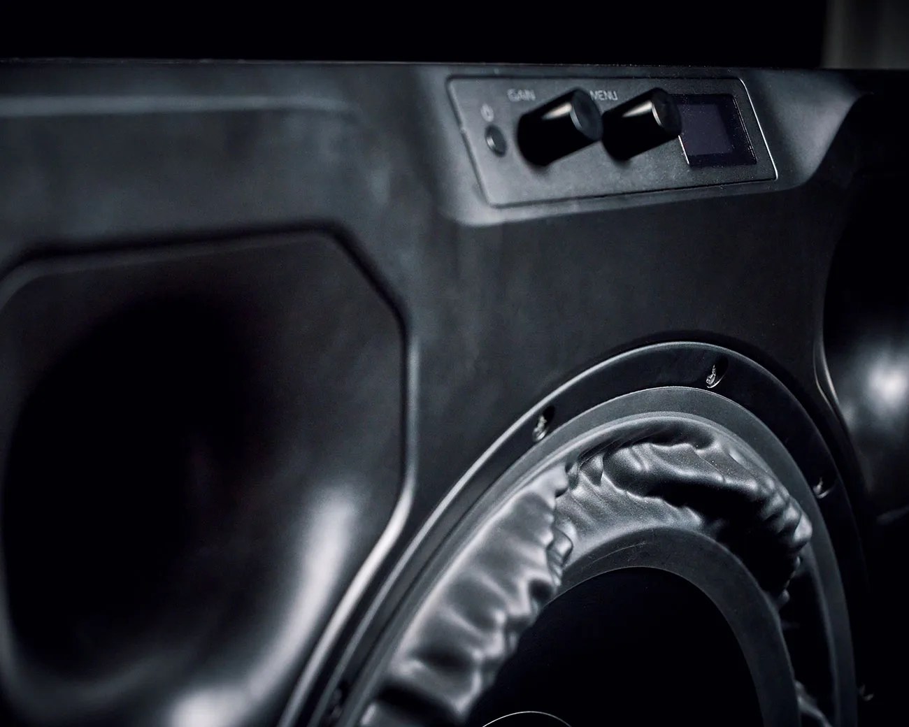 Close-up of a black speaker with textured surround and two control knobs labeled "GAIN" and "MENU" on the top panel.