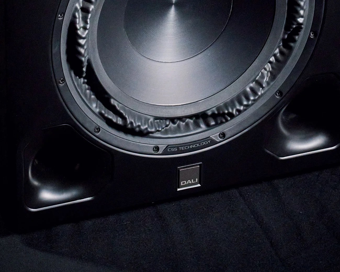 Close-up of a black DALI speaker cone with CSS Technology label and dual bass reflex ports.