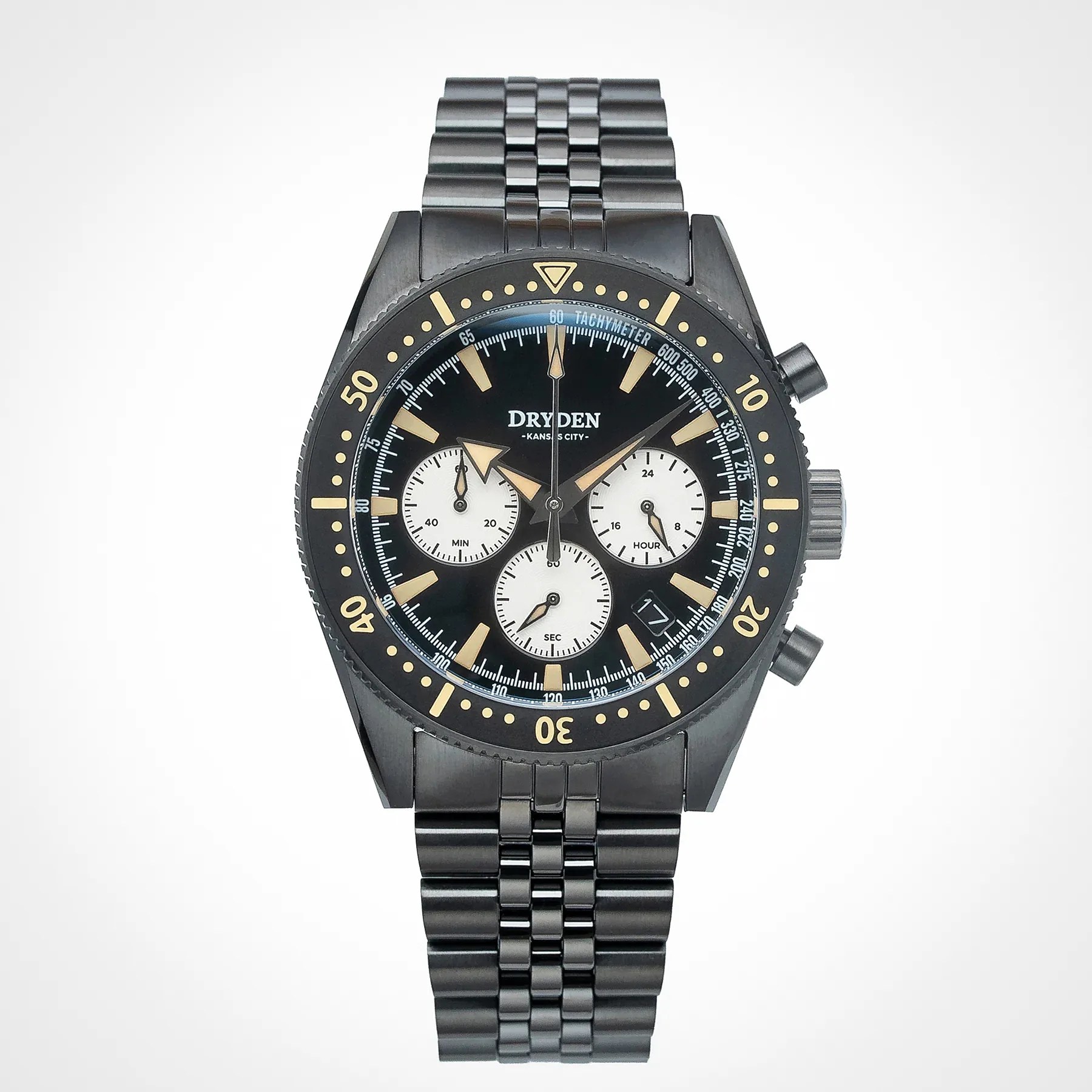 Black stainless steel chronograph watch with beige markers and three white subdials on a metal link bracelet.