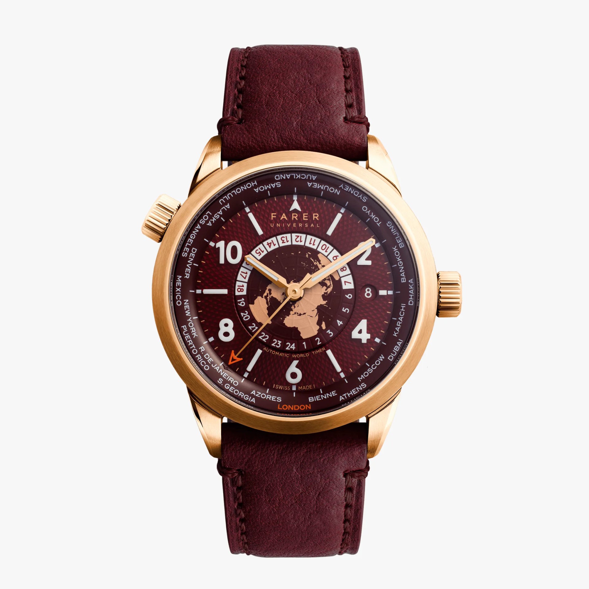 Gold-tone watch with burgundy dial featuring world cities, map center, and burgundy leather strap.