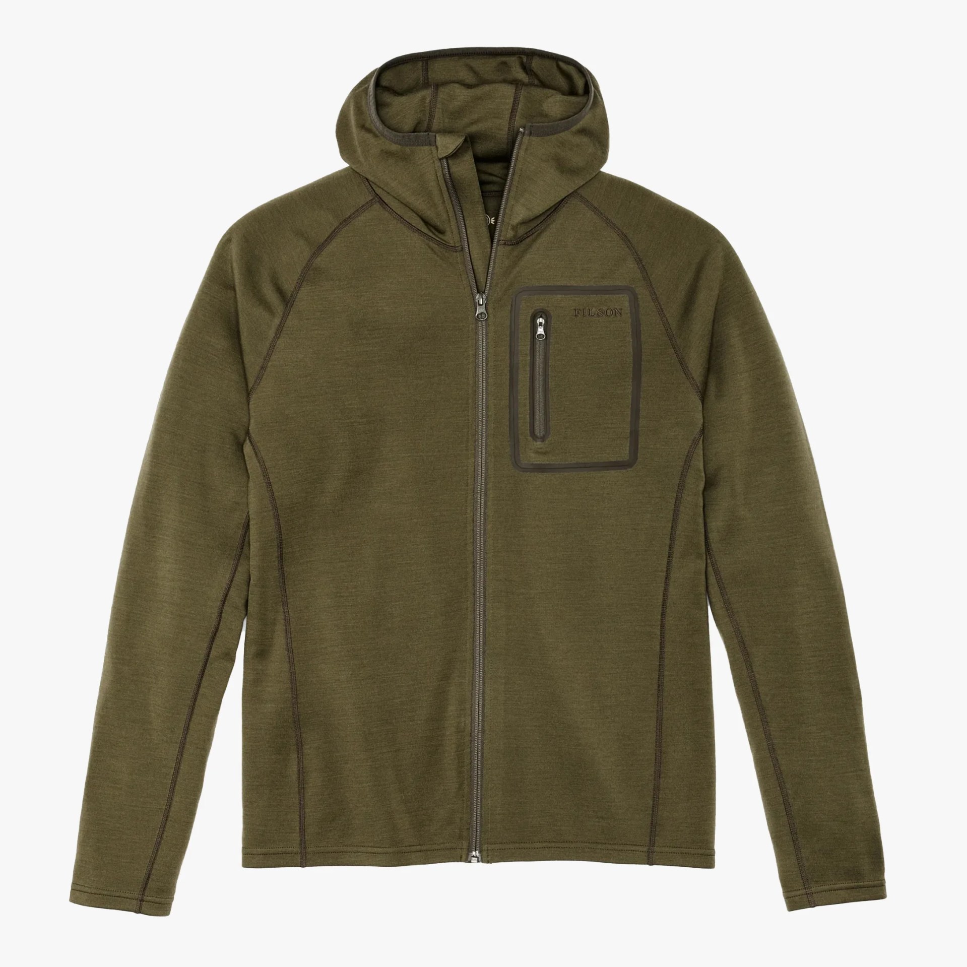 Olive green full-zip hooded jacket with chest zippered pocket and contrast stitching.
