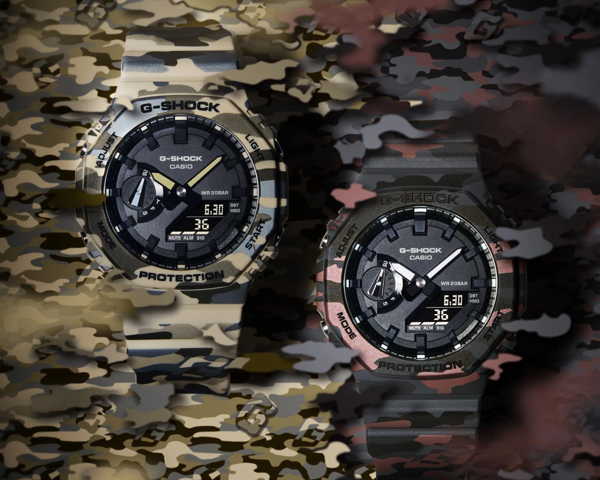 Two Casio G-Shock watches with camouflage patterns, one in beige tones and the other in dark green and brown, both showing digital and analog displays.