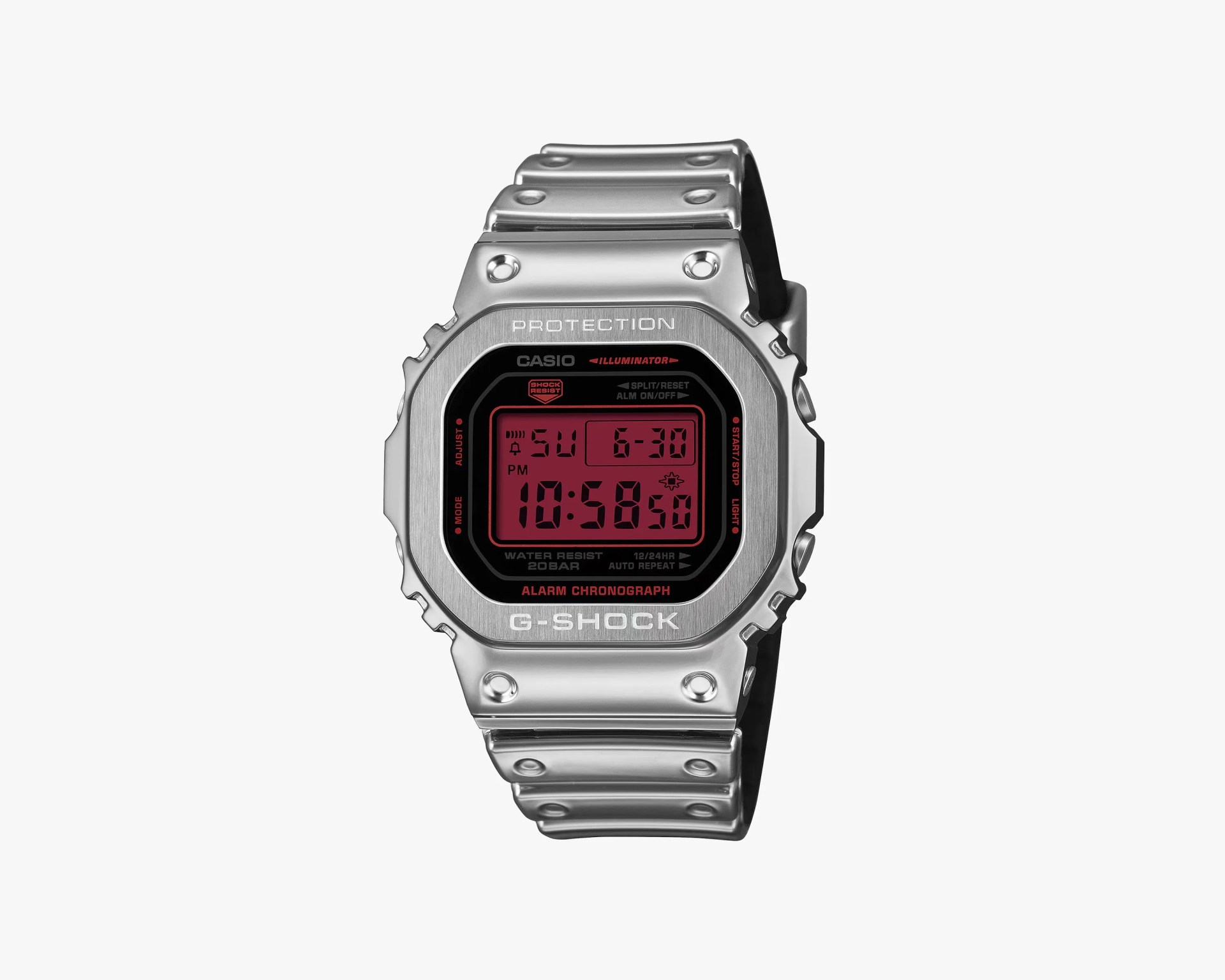 Silver metal Casio G-Shock digital watch with red backlit display and stainless steel band.