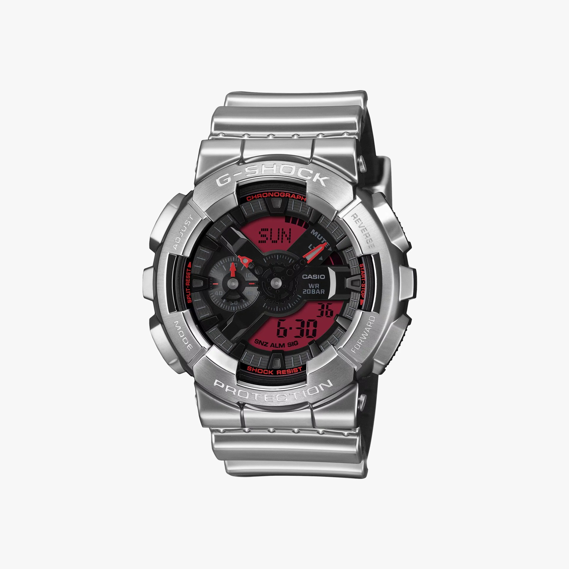 Silver Casio G-Shock watch with black and red digital-analog dial and metal link band.